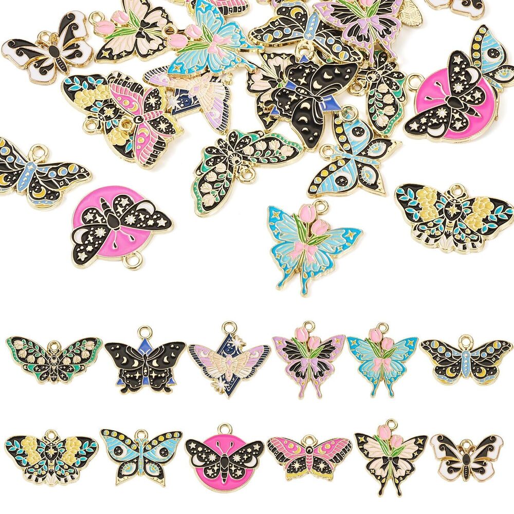9926 24Pcs Butterfly Charms for Jewelry Making, Moon Phase Alloy Enamel